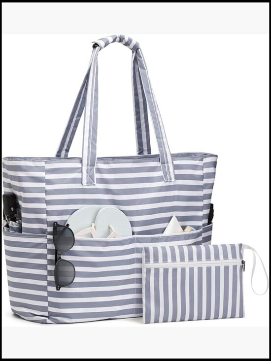 Handbags - Extra Large Foldable Beach Tote with Zipper, Waterproof Sandproof for Travel